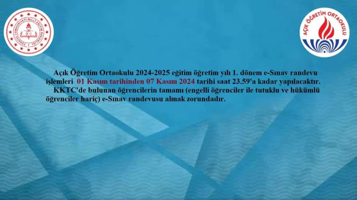 Açık Öğretim Ortaokulu e-sınav randevu işlemleri 1 Kasım-7 Kasım